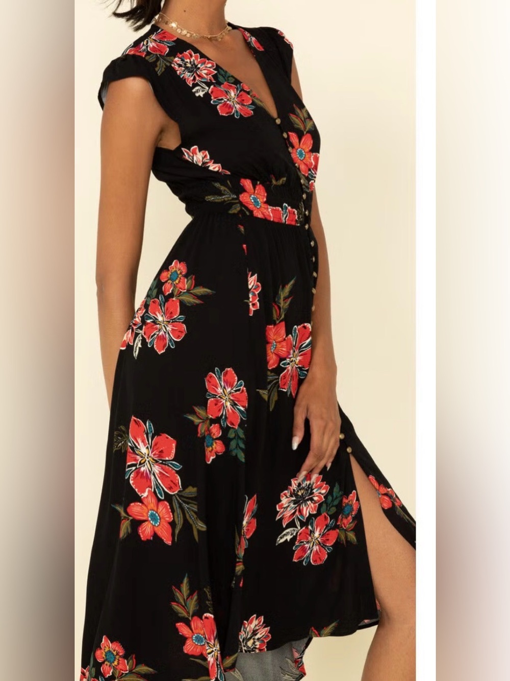 Shyanne Black hi low Midi Dress with Red Floral Print